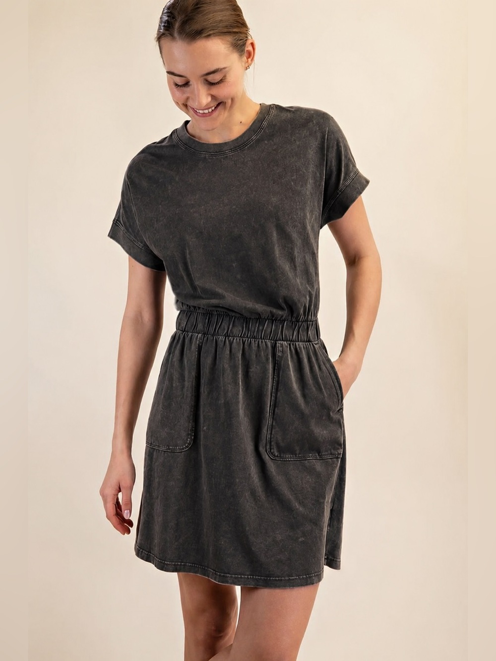 NWOT Rae Mode 100% cotton Washed Black Short Sleeve Elastic Waist Dress